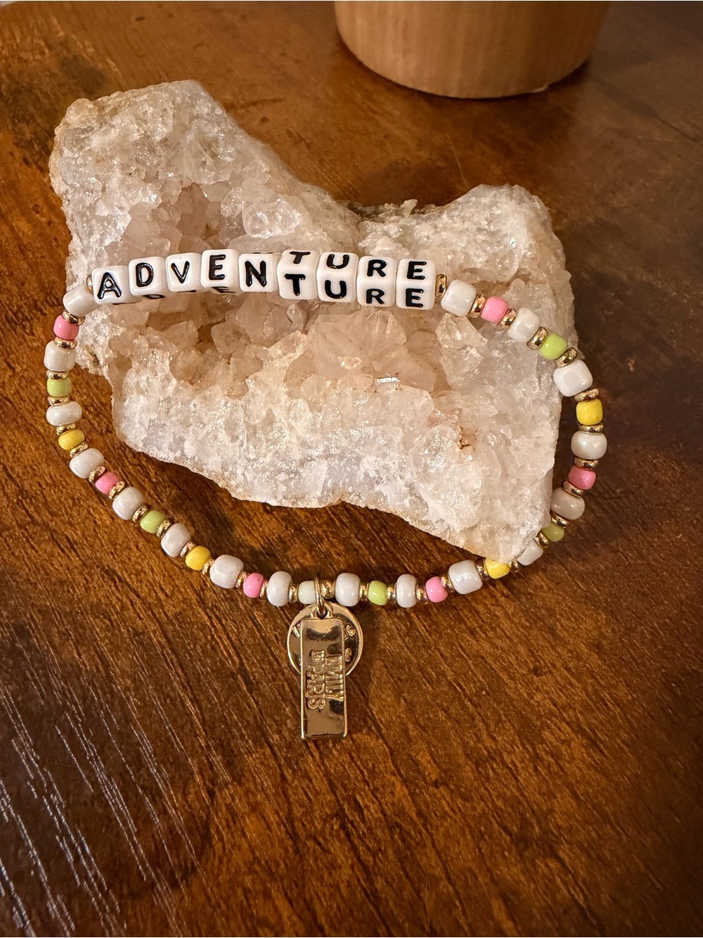 Little Words Project Bracelet with Pink, Yellow & Green Beads. Emily in Paris.